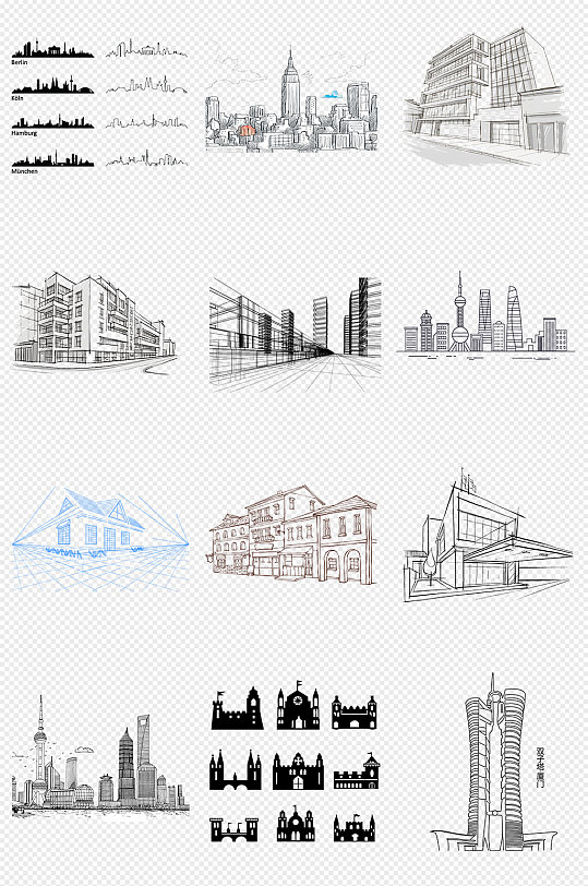 手绘线描城市房子建筑PNG免抠素材