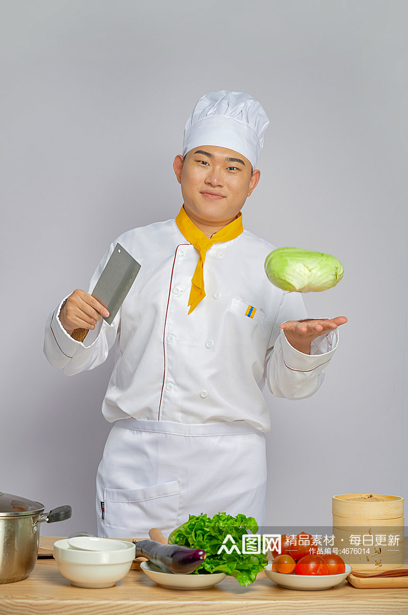 餐饮商业厨师服人物摄影手持蔬菜菜刀图片素材