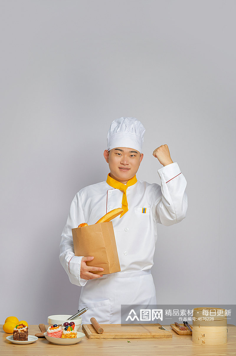 餐饮职场商业厨师服人物拿面包摄影图片素材