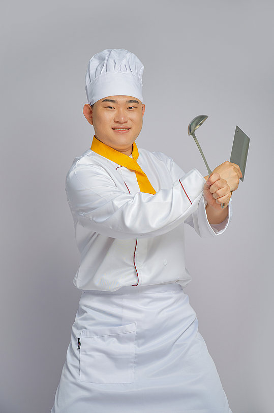餐饮职场商业厨师服人物拿菜刀摄影图