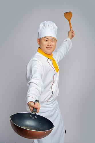 餐饮职场商业厨师服人物拿锅勺子摄影图片