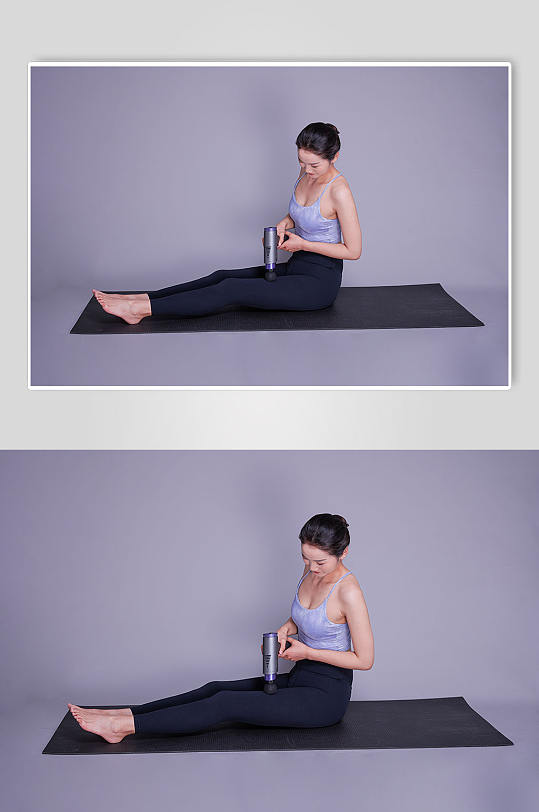 手持筋膜枪瘦身瑜伽锻炼健身美女人物摄影图