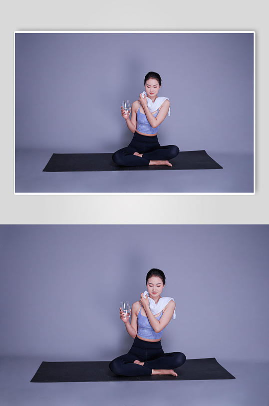 女性瘦身瑜伽锻炼运动美女喝水人物摄影图