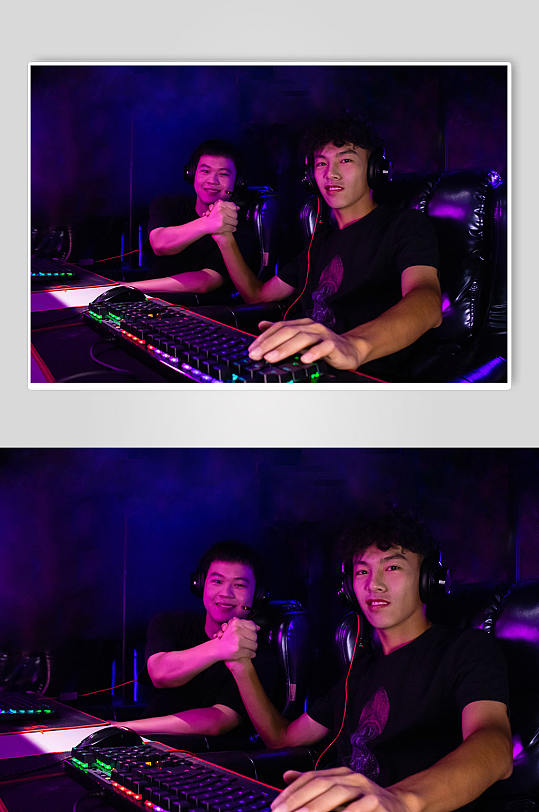 电竞房戴耳机男打游戏欢呼电竞人物摄影图片-众图网