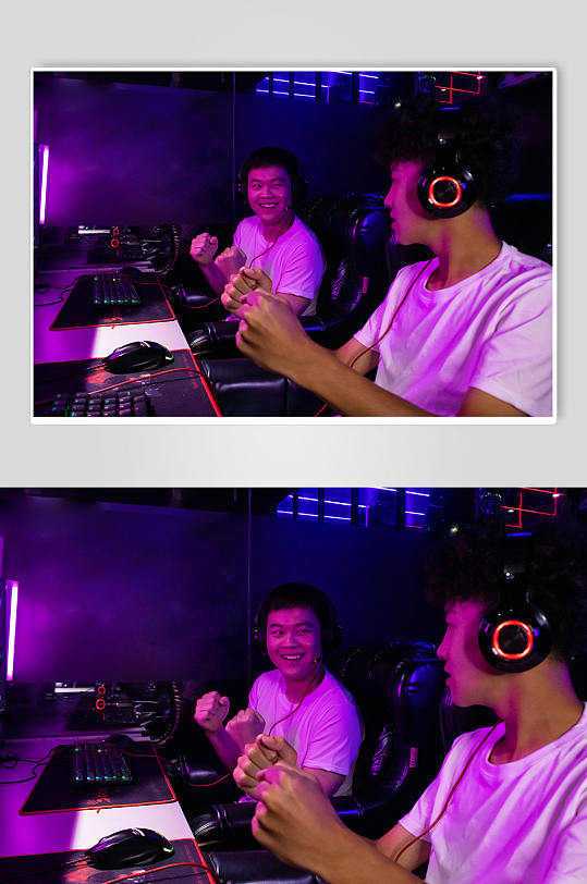 电竞房戴耳机男打游戏欢呼电竞人物摄影图片-众图网