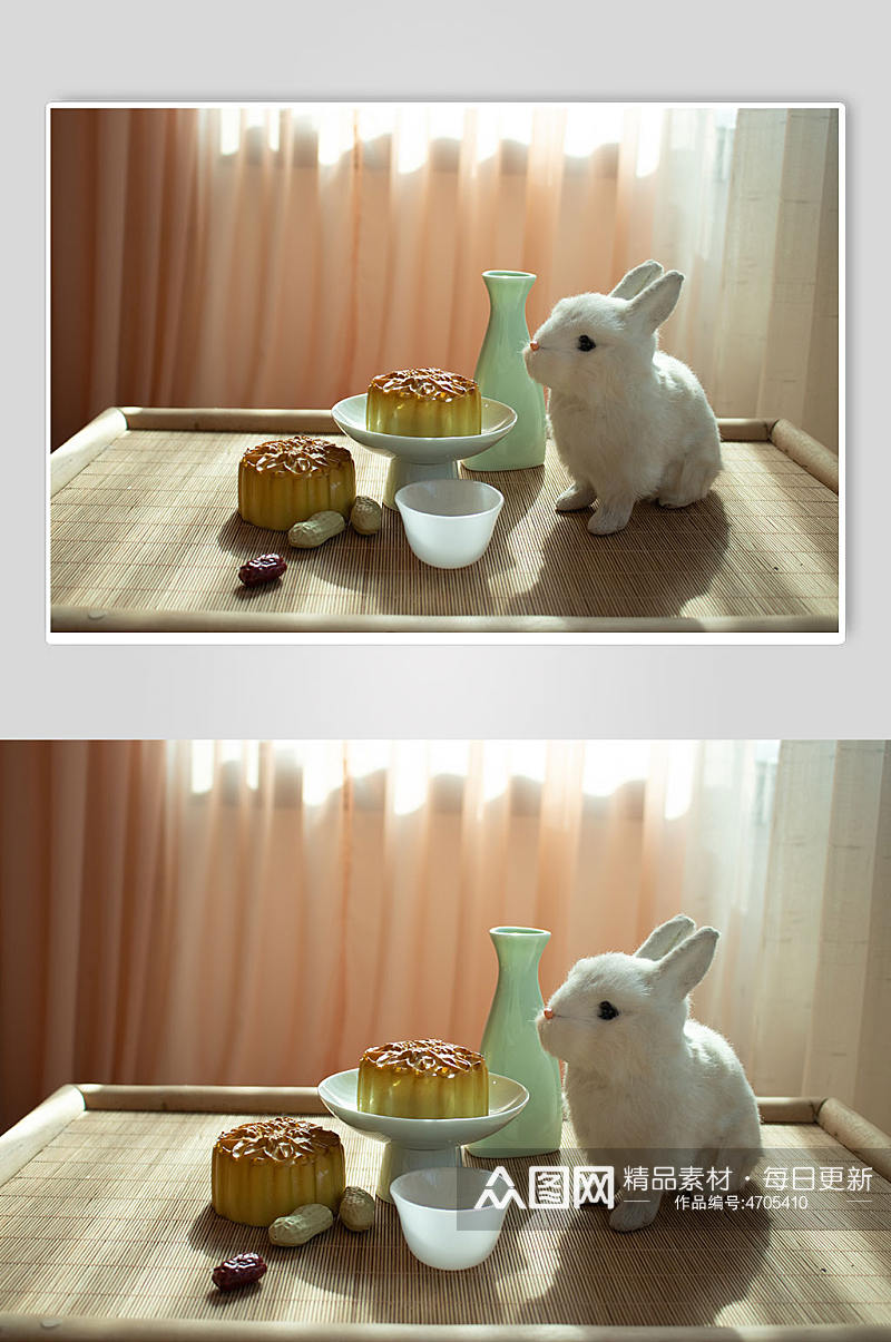 中秋节赏月茶几茶月饼兔子风景摄影图素材素材