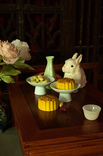 中秋节赏月牡丹花茶月饼兔子风景摄影图素材