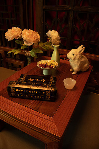中秋节赏月牡丹花月饼兔子风景摄影图素材