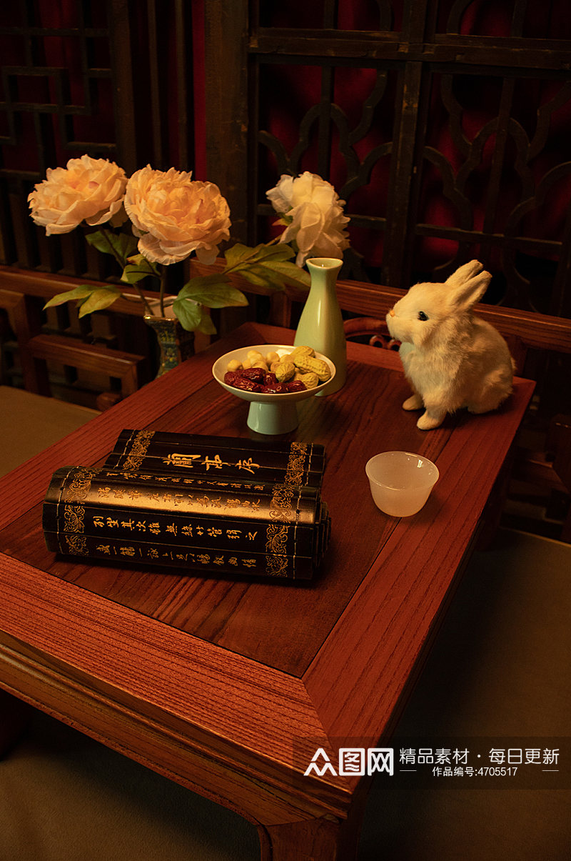 中秋节赏月牡丹花月饼兔子风景摄影图素材素材