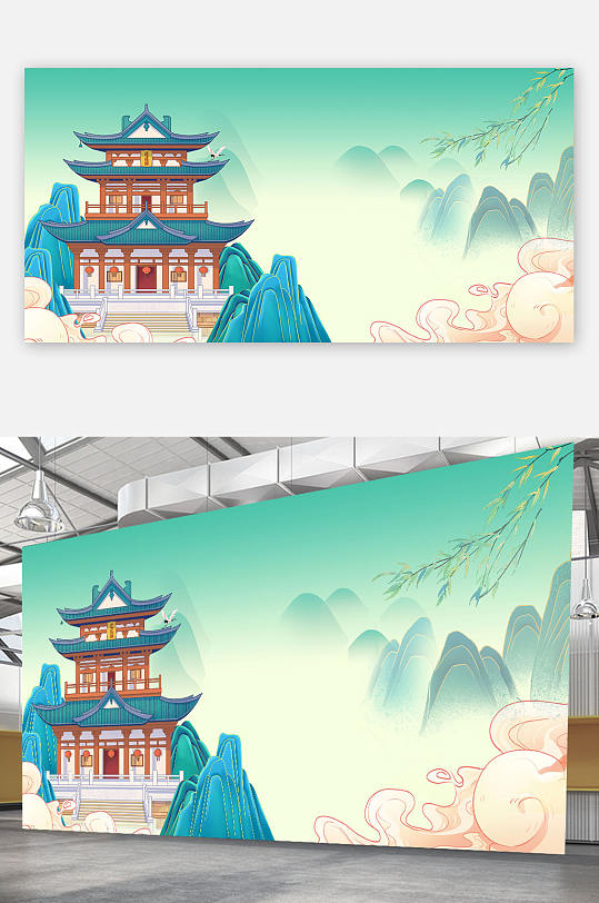 大气简约手绘国潮风背景图-众图网