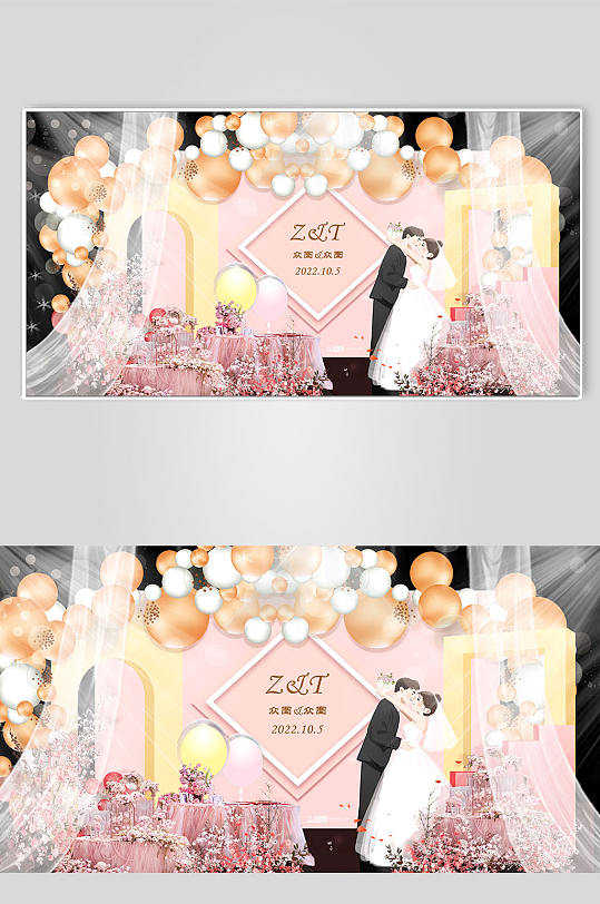 浪漫粉剪影婚礼迎宾区美陈婚礼布置效果图-众图网