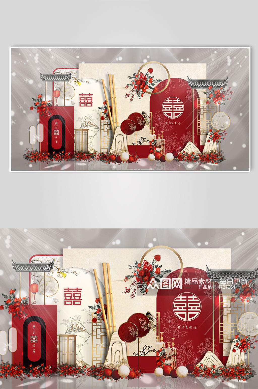 红色中式漫婚礼迎宾区美陈婚礼布置效果图素材