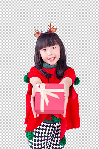 可爱的圣诞小女孩抱礼盒免抠PNG摄影图