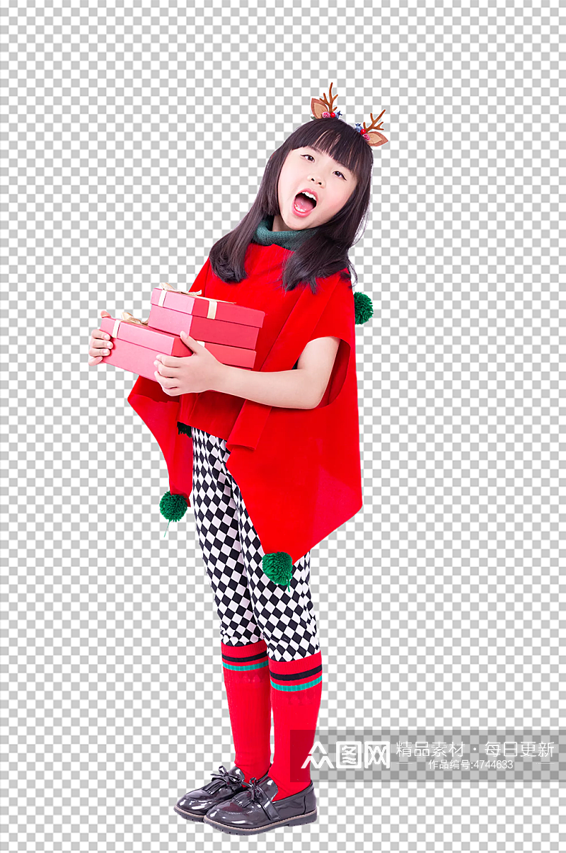可爱的圣诞小女孩抱礼盒免抠PNG摄影图素材