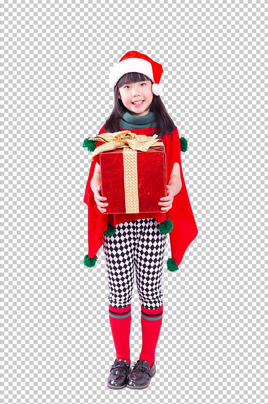 可爱的圣诞小女孩抱礼盒免抠PNG摄影图片-众图网