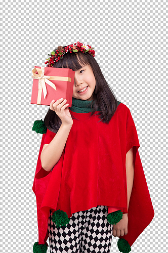 可爱的圣诞小女孩拿礼盒免抠PNG摄影图片