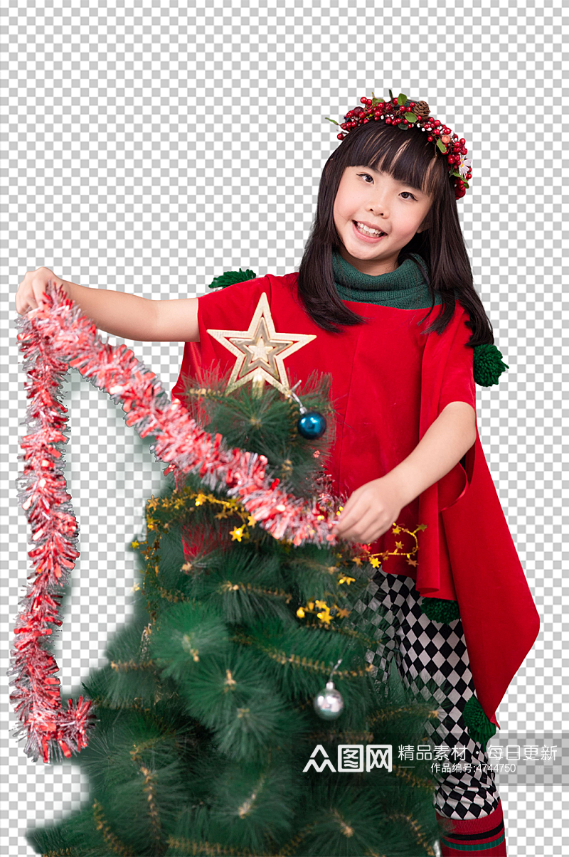 可爱圣诞小女孩抱圣诞树免抠PNG摄影图片素材