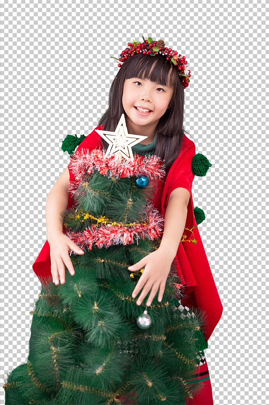 可爱圣诞小女孩抱圣诞树免抠PNG摄影图片