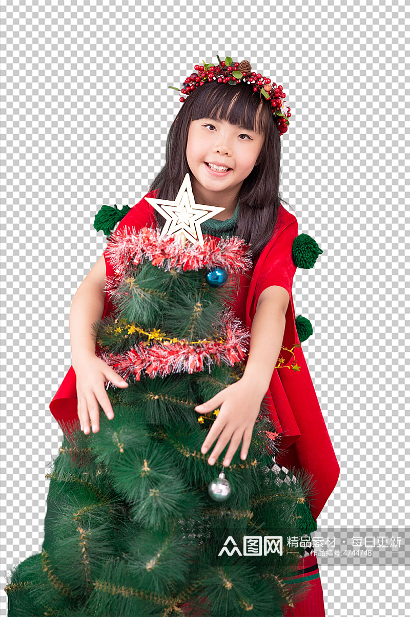 可爱圣诞小女孩抱圣诞树免抠PNG摄影图片素材
