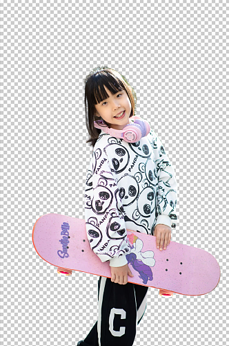 户外戴耳机玩滑板小女孩免抠PNG摄影图片