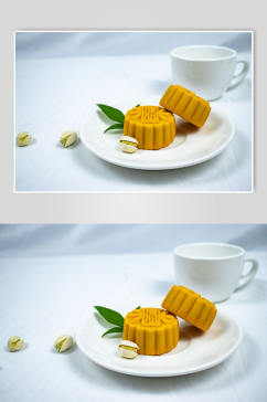 中秋节流心月饼开心果茶杯美食摄影图片