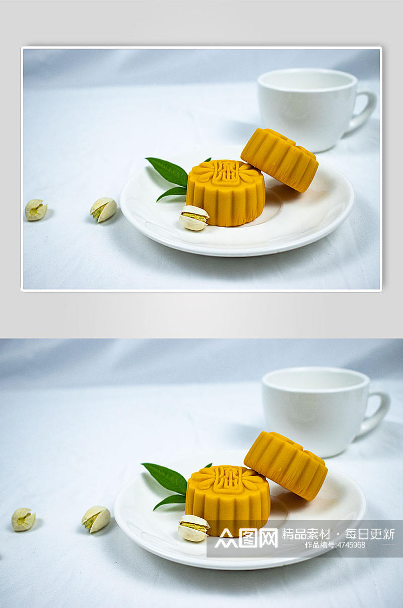 中秋节流心月饼开心果茶杯美食摄影图片素材
