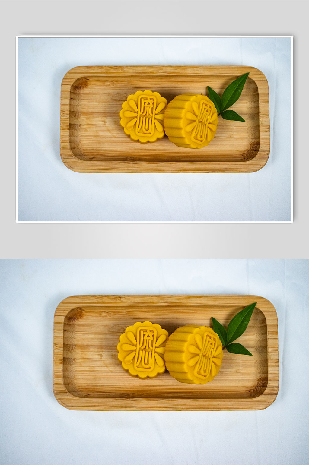 中秋节流心月饼美食树叶摄影图片素材