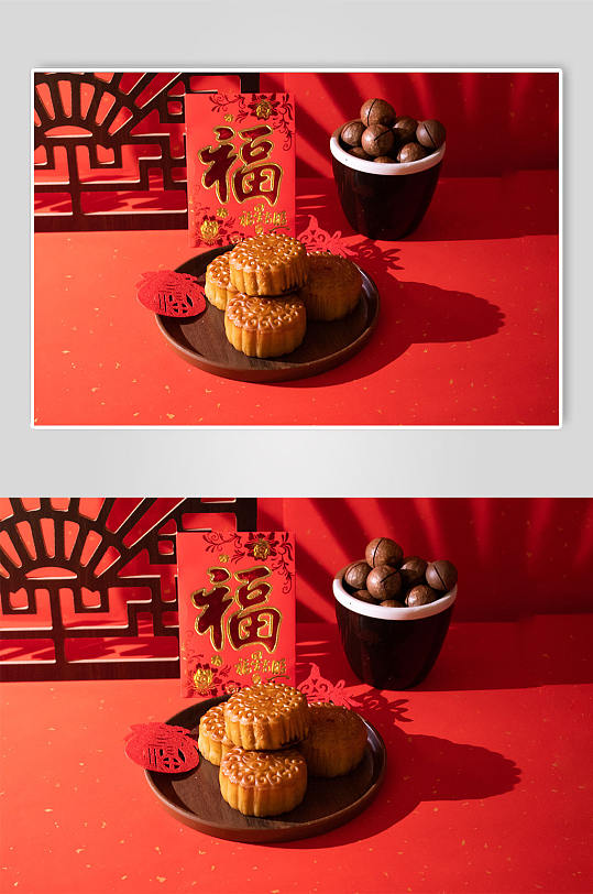 红色喜庆中秋节红包坚果月饼美食摄影图片