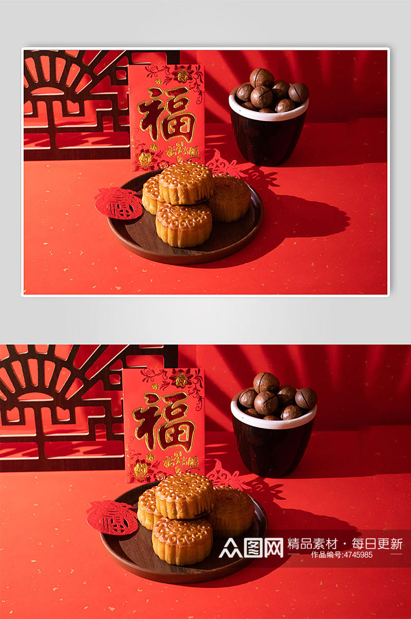 红色喜庆中秋节红包坚果月饼美食摄影图片素材