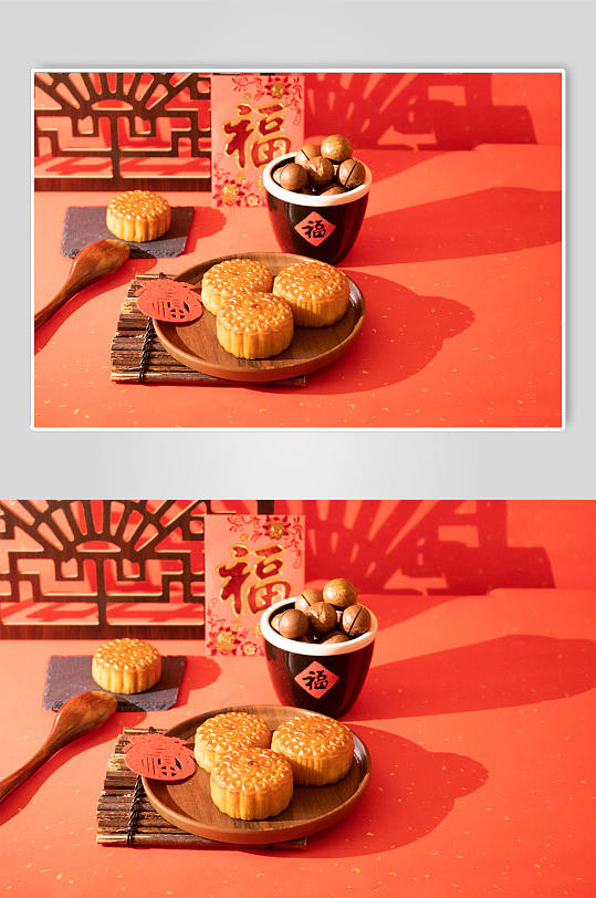 红色喜庆中秋节红包坚果月饼美食摄影图片