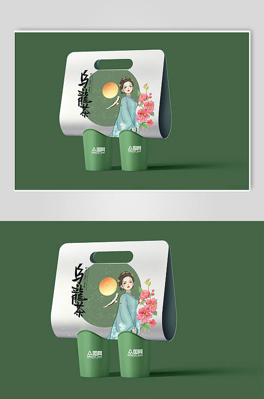 绿色清新简约餐饮店奶茶咖啡杯包装展示样机