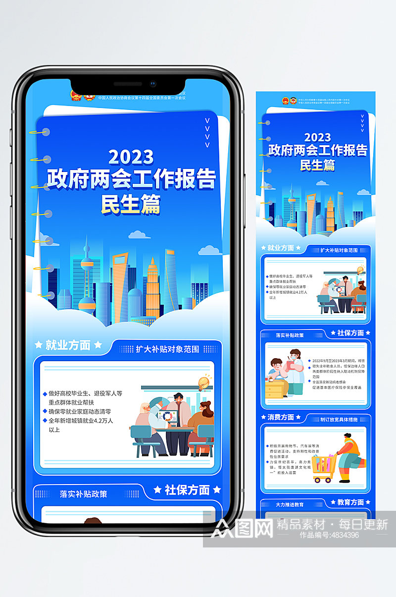 聚焦两会2023政府工作报告新媒体手机长图海报素材