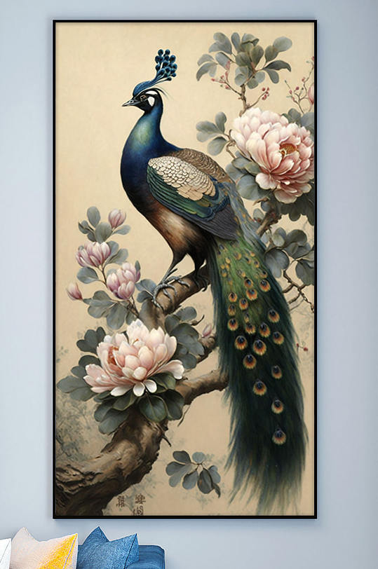 中国风花卉枝头孔雀工笔装饰画-众图网