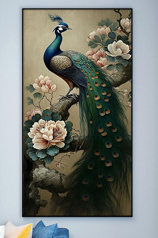 中国风花卉枝头孔雀工笔装饰画-众图网