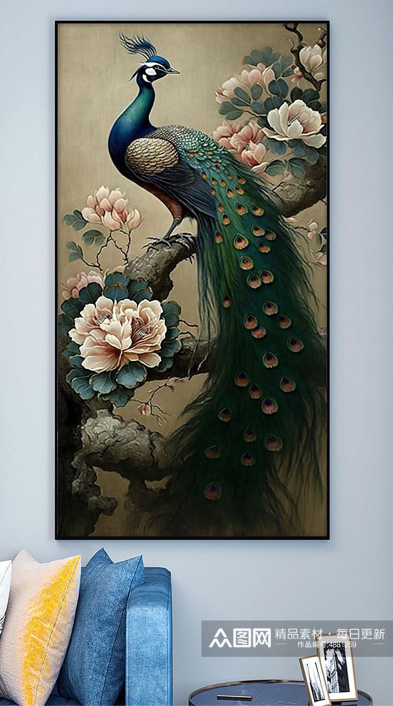 中国风花卉枝头孔雀工笔装饰画素材