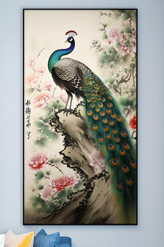 中国风花卉枝头孔雀工笔装饰画-众图网