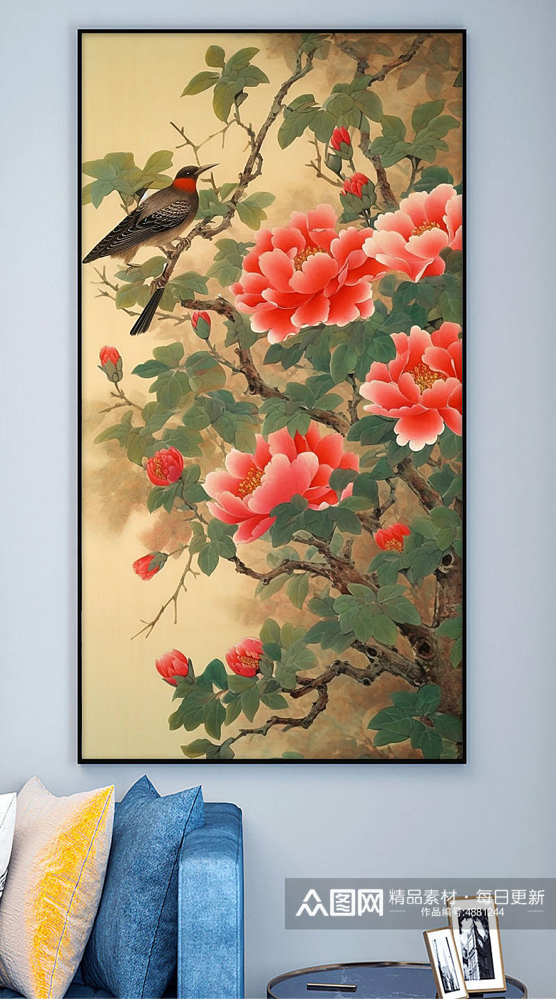 中国风花卉枝头喜鹊工笔装饰画素材