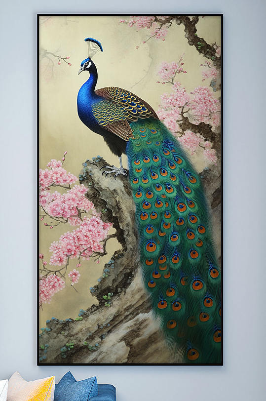 中国风花卉枝头孔雀工笔装饰画-众图网