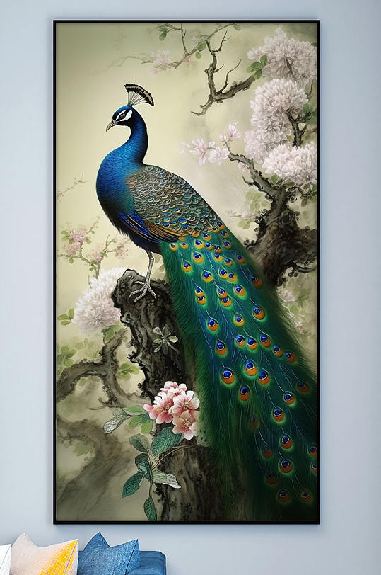 中国风花卉枝头孔雀工笔装饰画-众图网