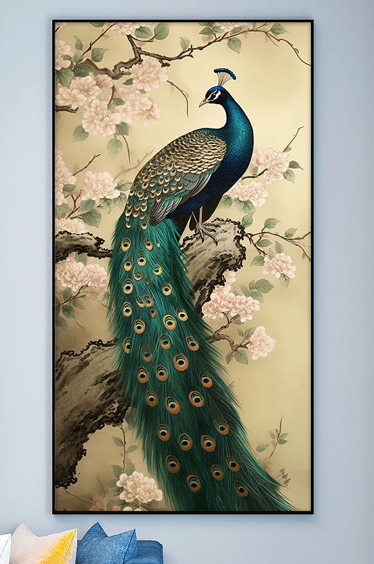 中国风花卉枝头孔雀工笔装饰画-众图网