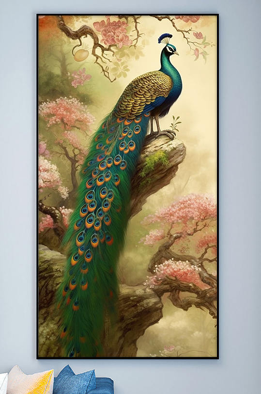 中国风花卉枝头孔雀工笔装饰画-众图网
