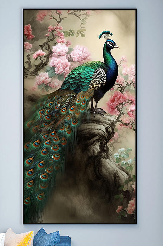 中国风花卉枝头孔雀工笔装饰画-众图网