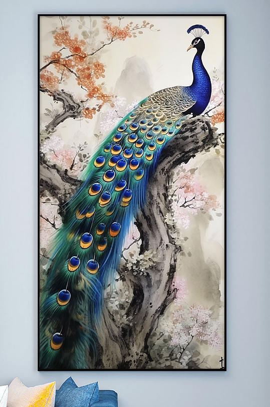 中国风花卉枝头孔雀工笔装饰画-众图网