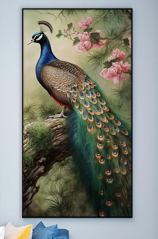 中国风花卉枝头孔雀工笔装饰画-众图网