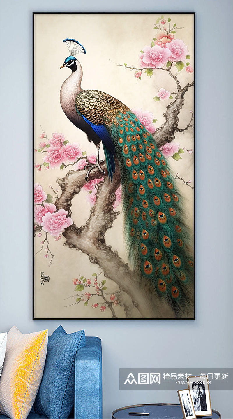 中国风花卉枝头孔雀工笔装饰画素材