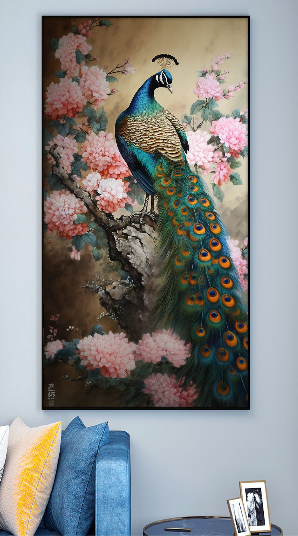 中国风花卉枝头孔雀工笔装饰画素材