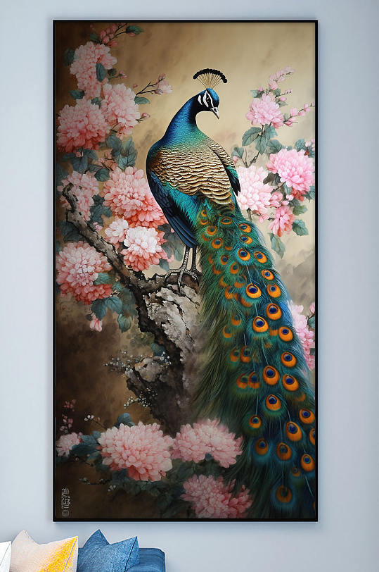 中国风花卉枝头孔雀工笔装饰画-众图网