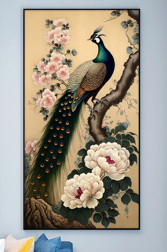 中国风花卉枝头孔雀工笔装饰画-众图网