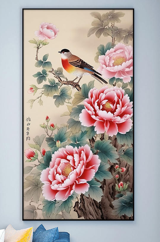 棕色小鸟牡丹花工笔中式装饰画