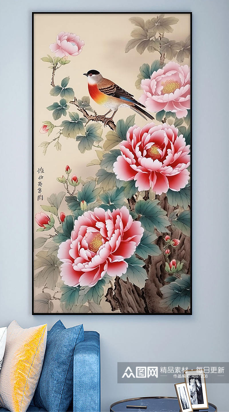 棕色小鸟牡丹花工笔中式装饰画素材